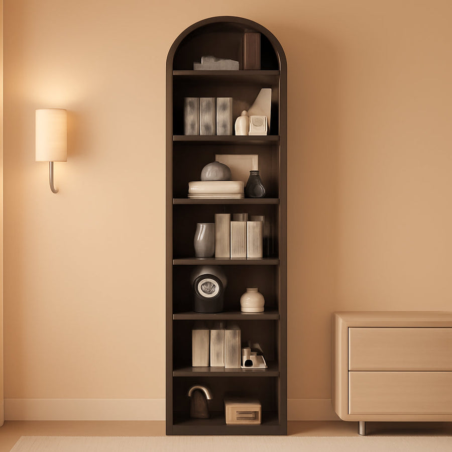 Adjustable Seven Tier Walnut Arched Storage Bookcase