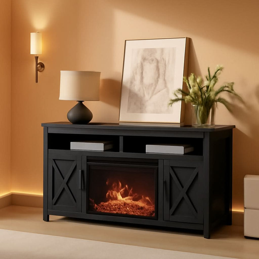 58 Inch Farmhouse TV Stand With Electric Fireplace Grey