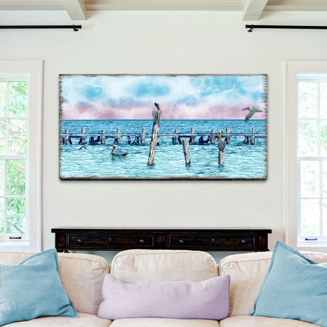 Ocean Paradise Pelicans and Seagulls Wooden Coastal Wall Art by Nature Wonders - Coastal Sea-Life Decor - 95252-6B-L-0