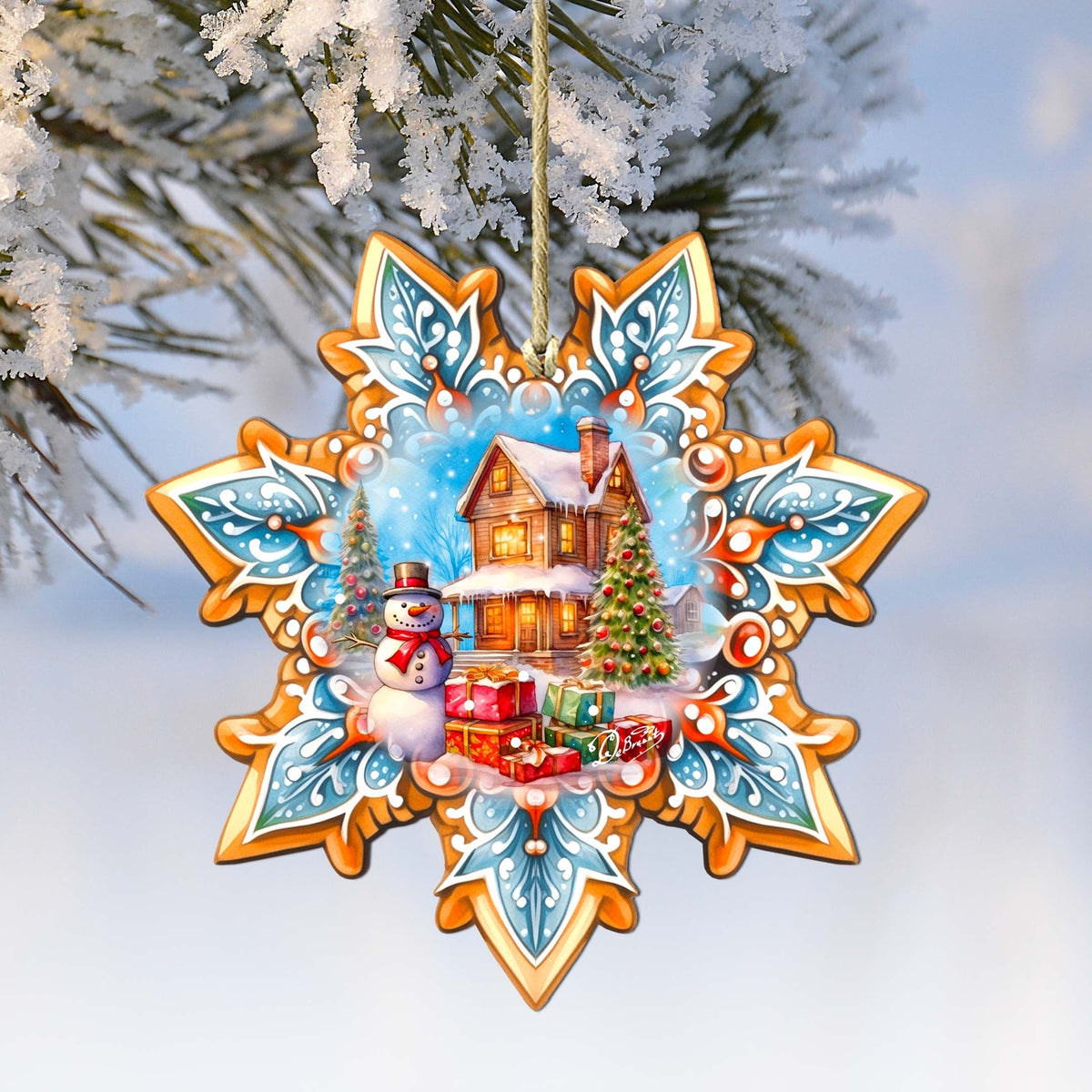 Snowman's Gifts Snowflake Wooden Ornaments by G. Debrekht - Christmas Santa Snowman Decor - 8688404-0