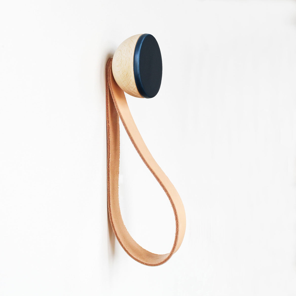 Round Beech Wood & Ceramic Wall Mounted Coat Hook / Hanger with Leather Strap - Dark Blue-0