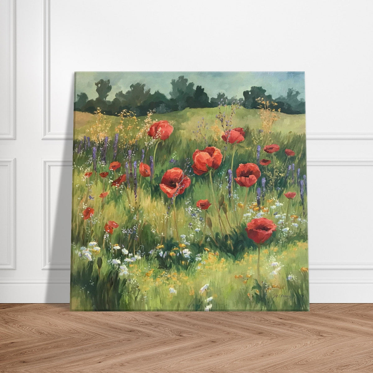 'Field of Red Poppies' Floral I 16x16 inch Art Print on Canvas I Original Artwork by American Artist Barbara Cleary-0