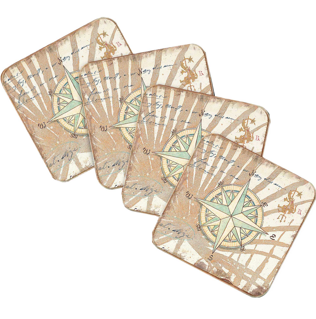 Compass Coastal Wooden Cork Coasters Gift Set of 4 by Nature Wonders - Coastal Sea-Life Decor - 8198620C-S4-0