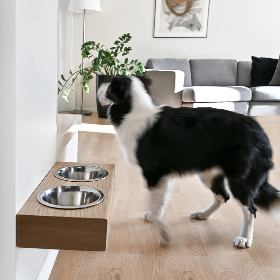 Floating Wooden Raised Food Stand, Medium Dog Feeding Station, Hanging Pet Bowls