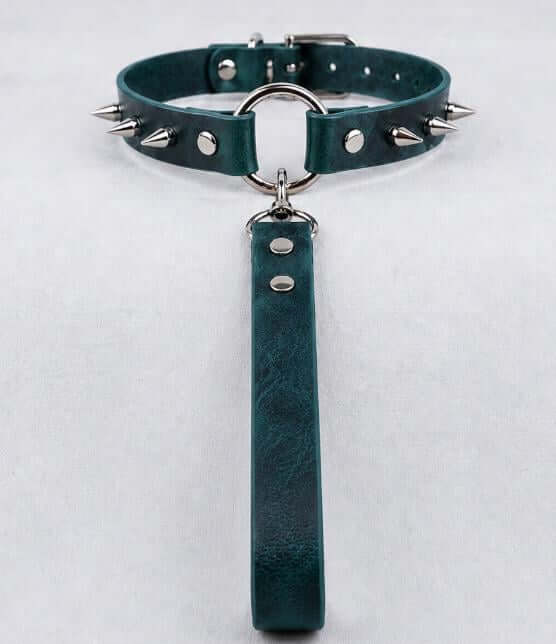 Spiked Leather Choker | Marble Aqua O Ring Collar Leash-0