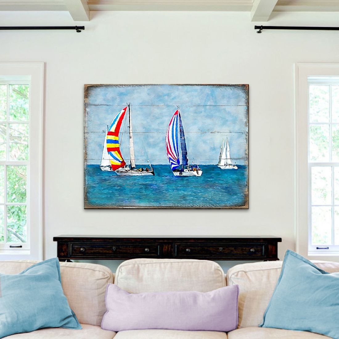 Ahlers Sailboats Wood Wooden Coastal Wall Art by Nature Wonders - Coastal Sea-Life Decor - 95259B-0
