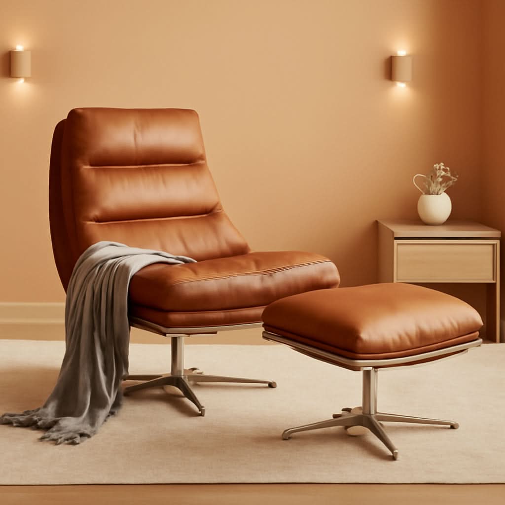 Brown Upholstered Faux Leather Swivel Chair Ottoman-0