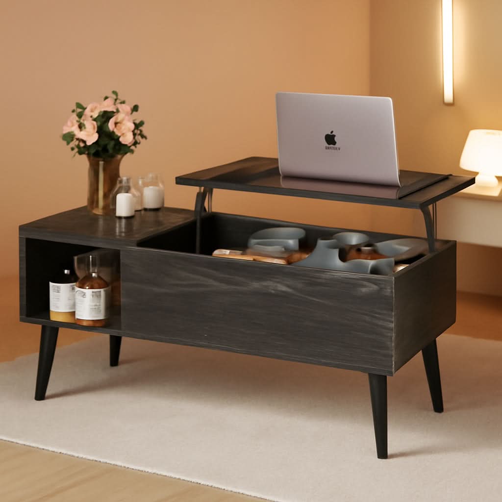 Wood Lift Top Coffee Table Hidden Compartment Charcoal-0