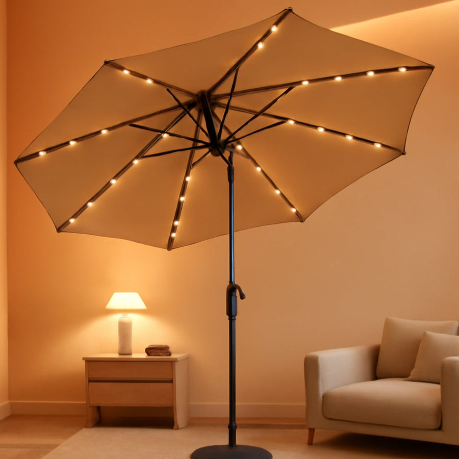 Beige Ninefoot Solar Patio Umbrella Weatherproof LEDs