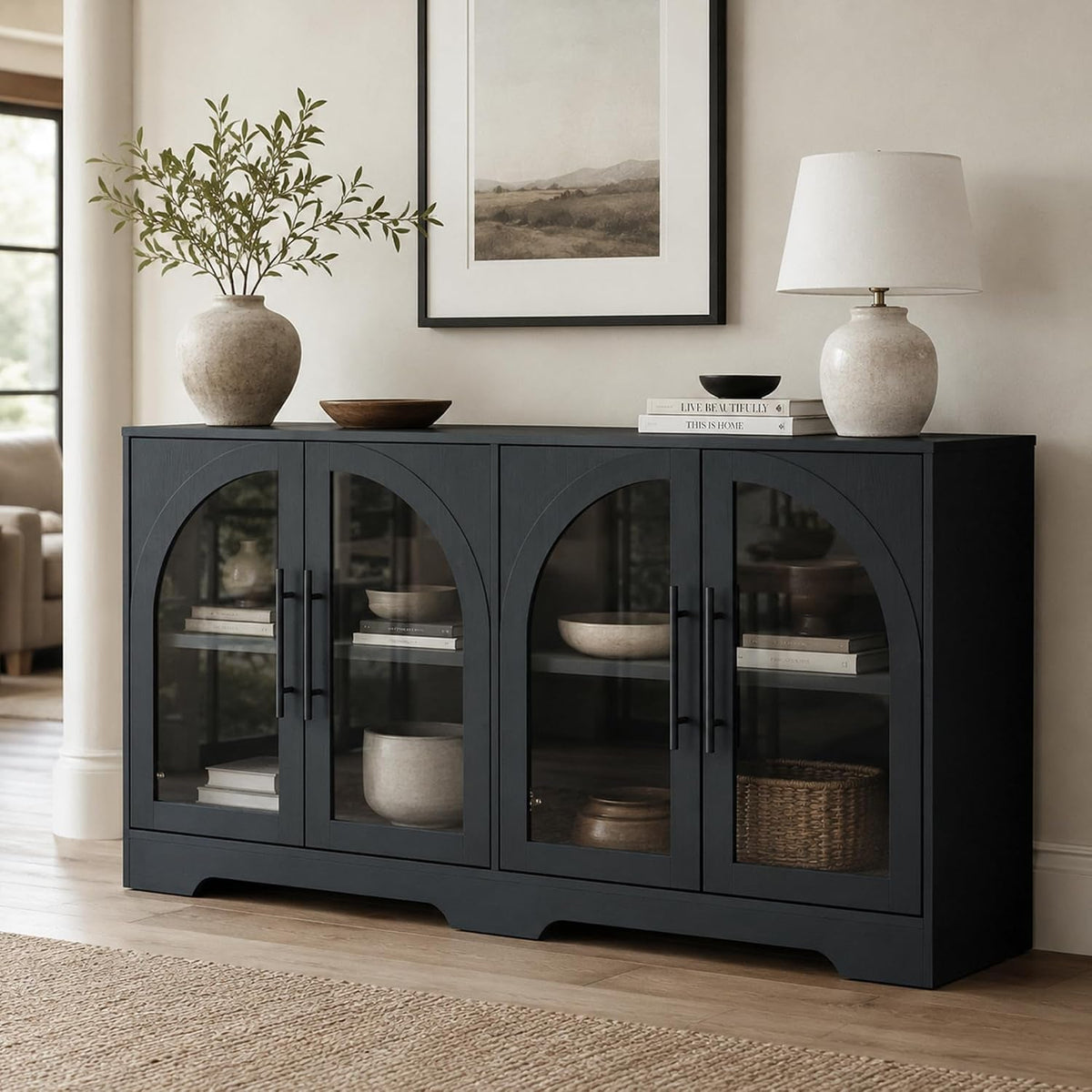 55 Inch Black Sideboard Buffet Cabinet With Storage-0