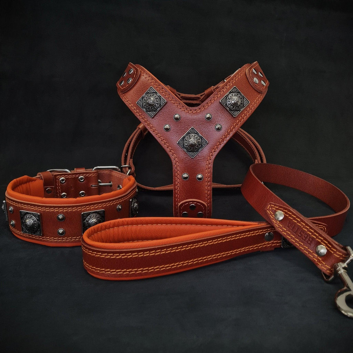 "EROS" BIG dog SET- Harness - collar - lead. Brown & Orange — 10801893015891