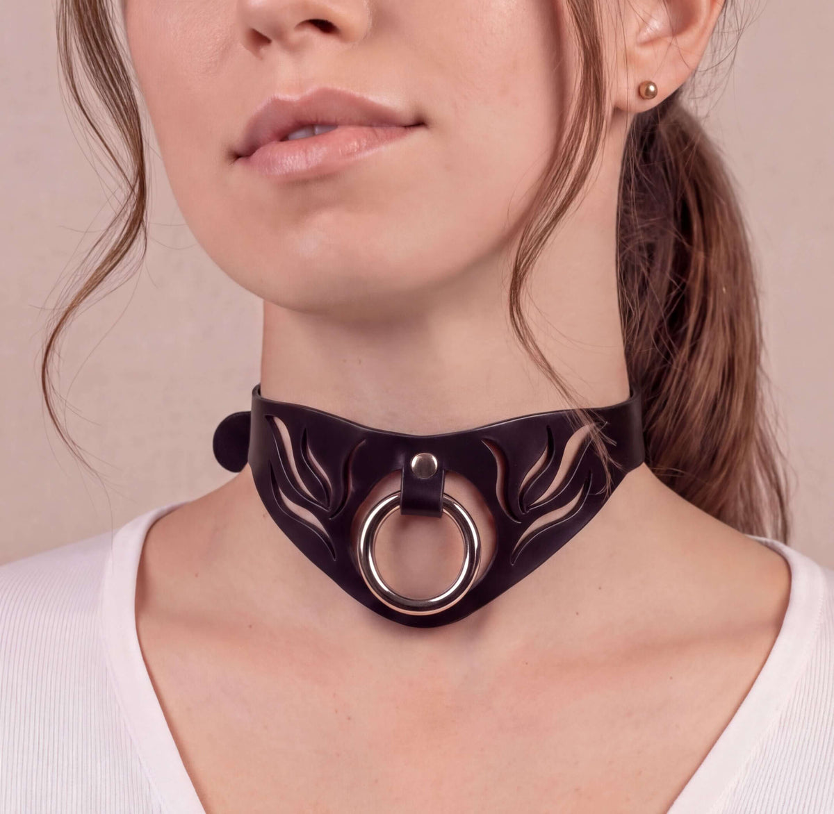 Black BDSM Choker, Handmade Leather Submissive Collar O Ring Slim-0