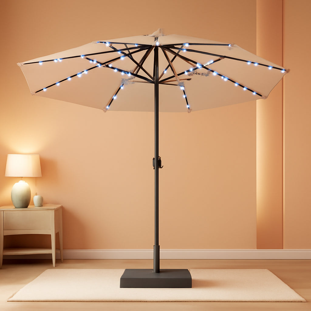 Beige 15Ft Patio Umbrella With Integrated LED Lights-0