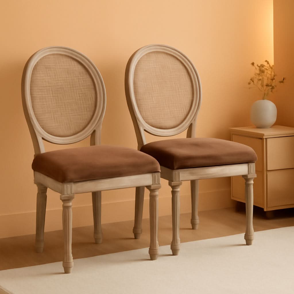 Leather Dining Chairs Set Of 2 Brown Armless Upholstered Round Mesh Rattan Back-0