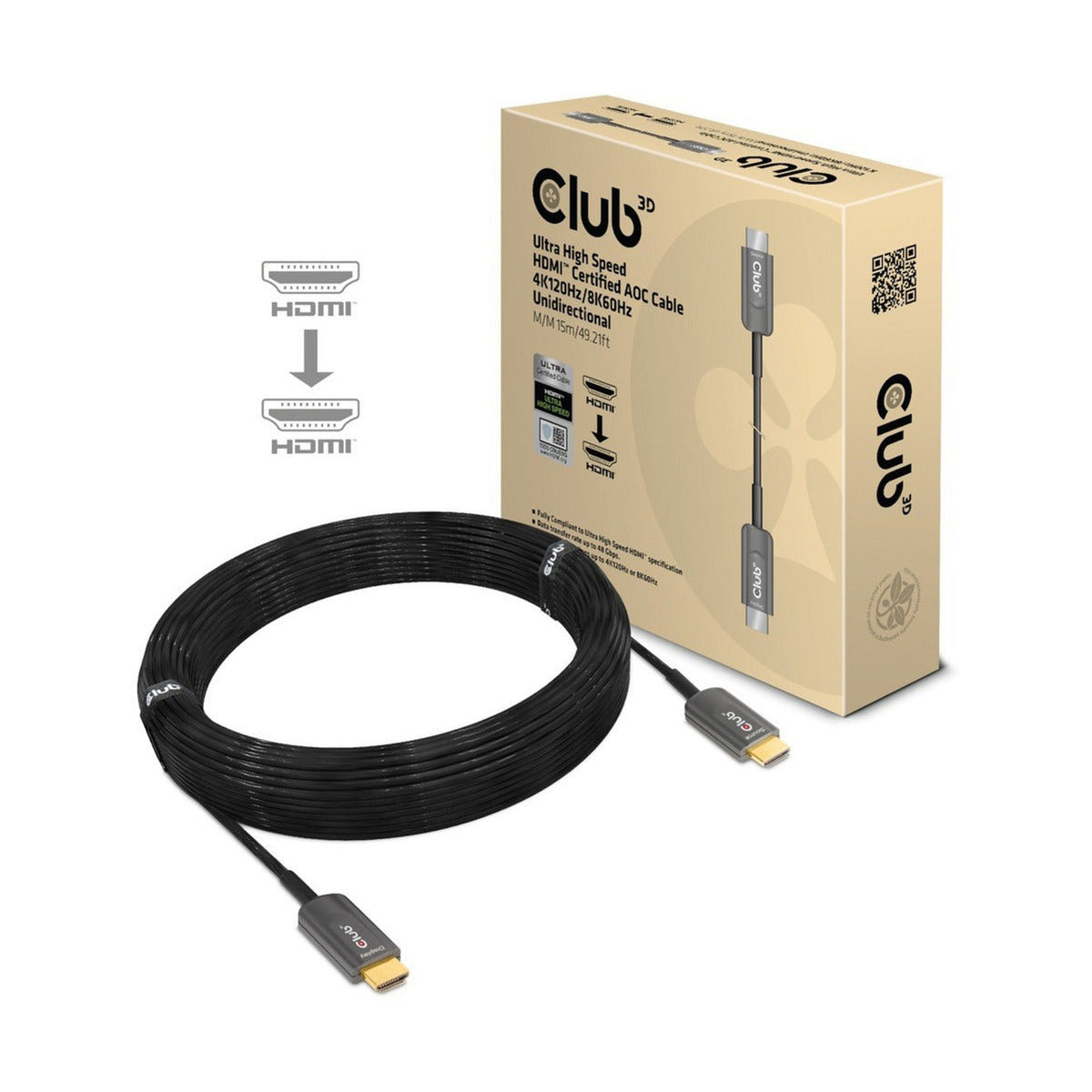 Club 3D ultra high speed aoc hdmi 2.1 gecertificeerde unidirectioneel kabel male-male (zwart, 15 meter, 4k 120hz, 8k 60hz, 48 gbps)-0