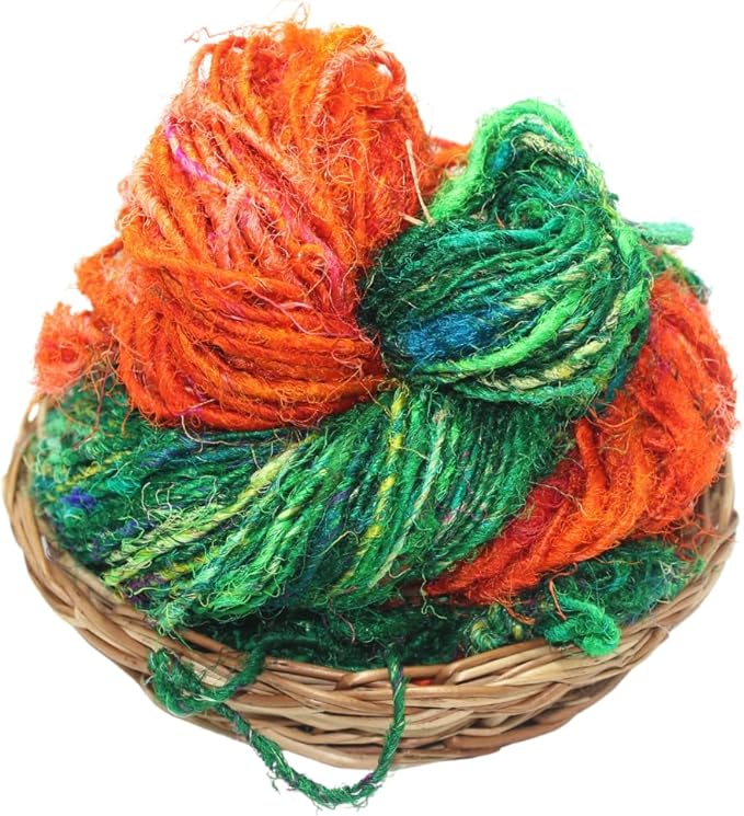 Knitsilk Handspun Recycled Sari Silk Yarn – Orange & Green Combo | 2 x 100g Skeins | Eco-Friendly Bulky Yarn for Knitting, Crocheting & Weavi-0