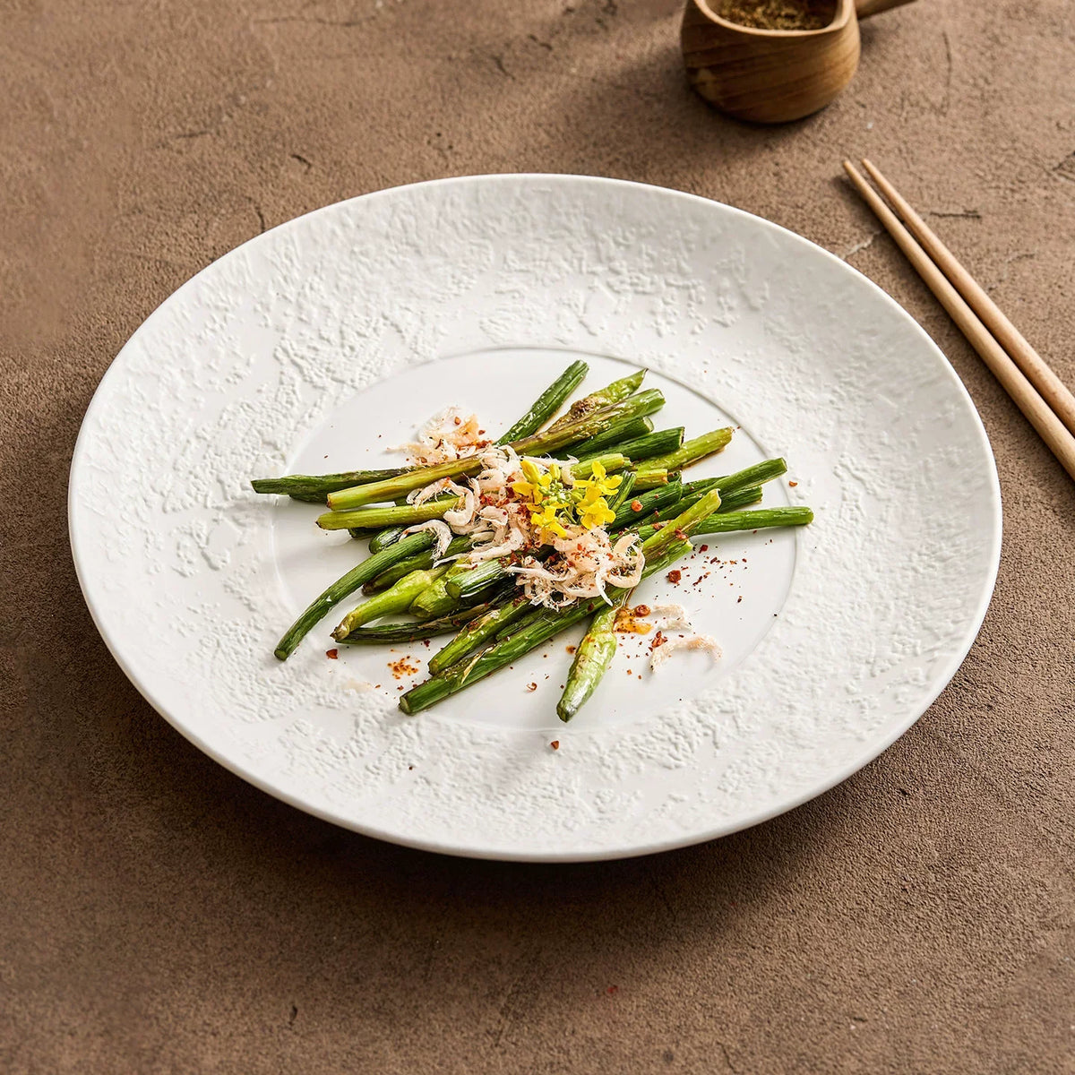 "Phantom Sand" Textured Ceramic Shallow Plate – Artisanal Matte White Dinnerware-0