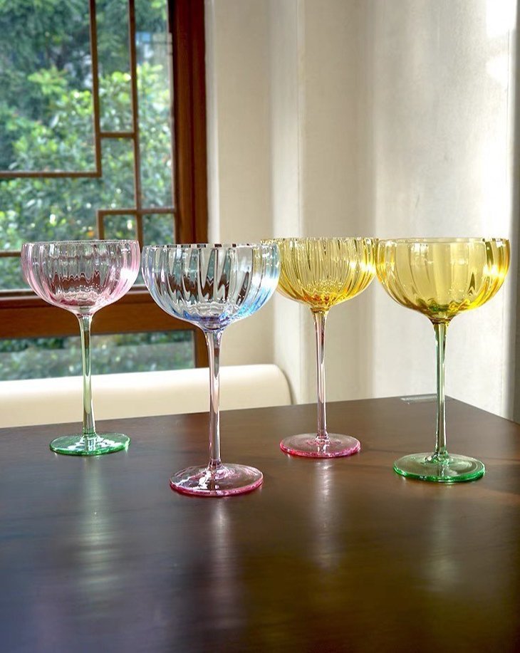 Hand Blown Retro Pastel Coloured Cocktail Glasses Coupe Set of 4 ( $22.5 Each )
