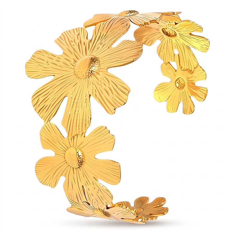 Gold Flower Cuff Bracelet | Waterproof Gold Plated Stainless Steel Floral Bracelet Gift for Her