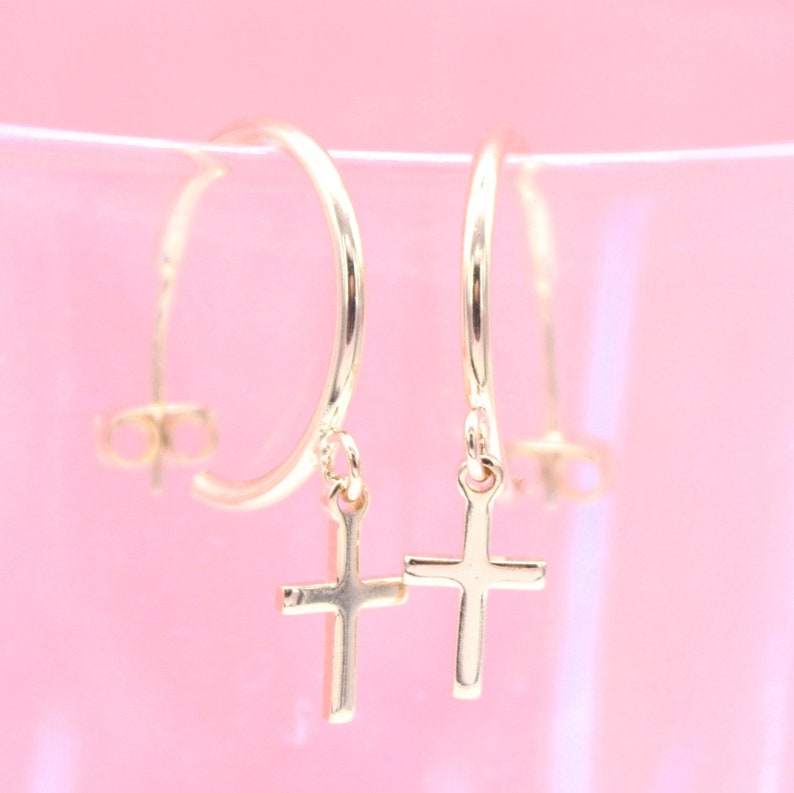 Gold Filled Cross Open Hoops Dangle Drop Stud Earrings (K258)-0