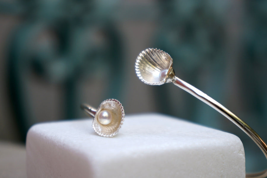 Real Pearl Silver Cuff Bracelet, Handmade Nature Jewelry, Organic Forest Cuff, Gift for Longevity & Evolution, Sterling Silver 925