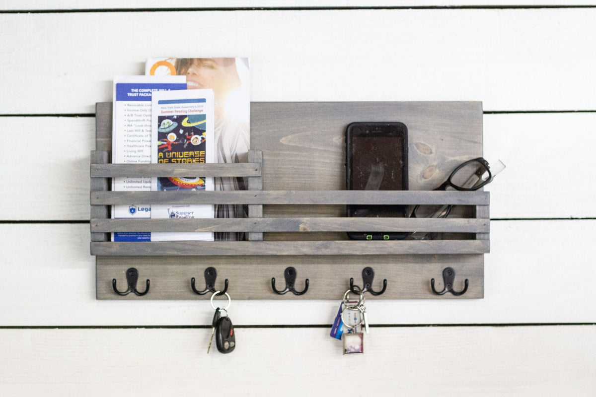 Wall Key + Mail Wood Organizer with Shelf + Railing-0