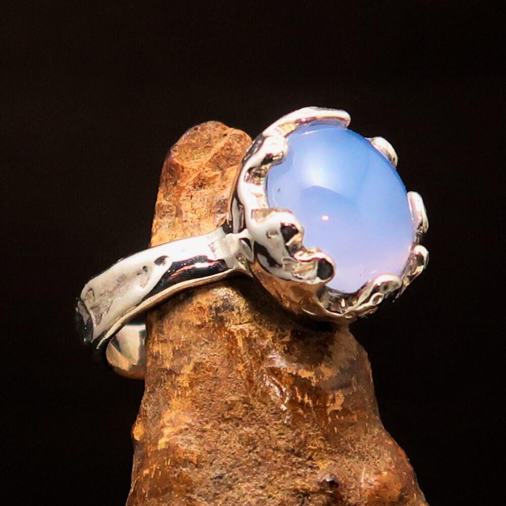 Blue Chalcedony Ring, Artistic Sterling Silver Ring, oval shaped blue Chalcedony Cabochon, Gemstone silver ring, unique design - Size 9.5-0