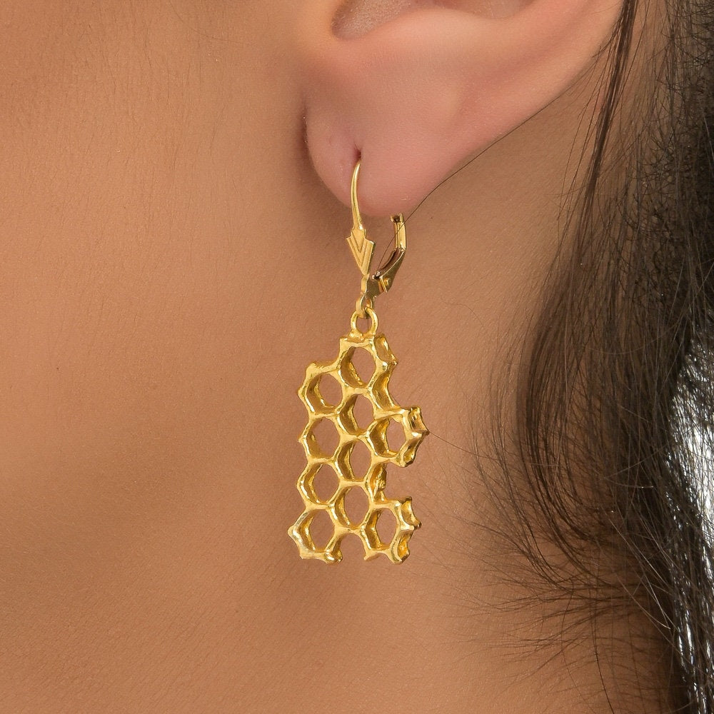 Honeycomb Statement Earrings: Gold Plated Sterling Silver-0