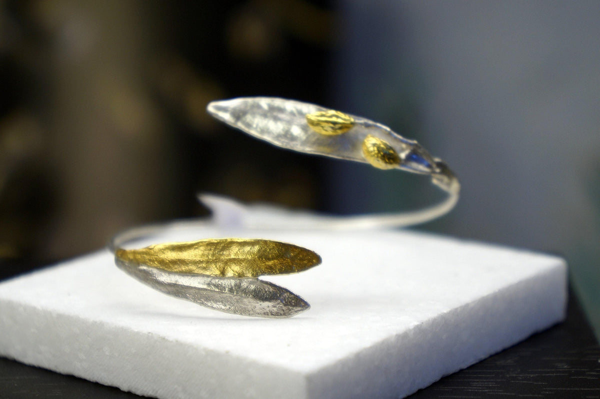 Real Olive Leaf Silver Cuff Bracelet, Handmade Nature Jewelry, Organic Forest Cuff, Gift for Peace & Protection, 14K Gold Plated Sterling Silver 925-0