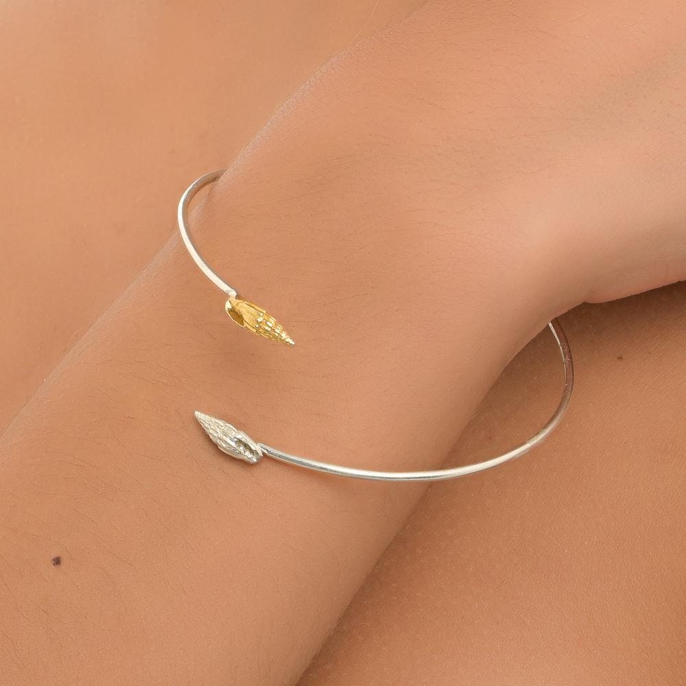Shell Cuff Bracelet: Sterling Silver with Gold Plating - Adjustable Fit-0
