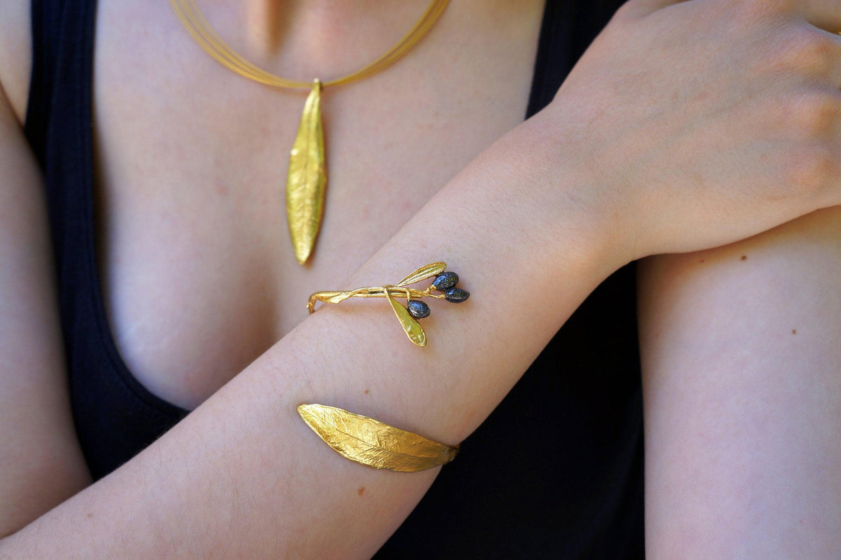Olive Branch Cuff Bracelet: Gold Plated Brass - Adjustable Bangle-0