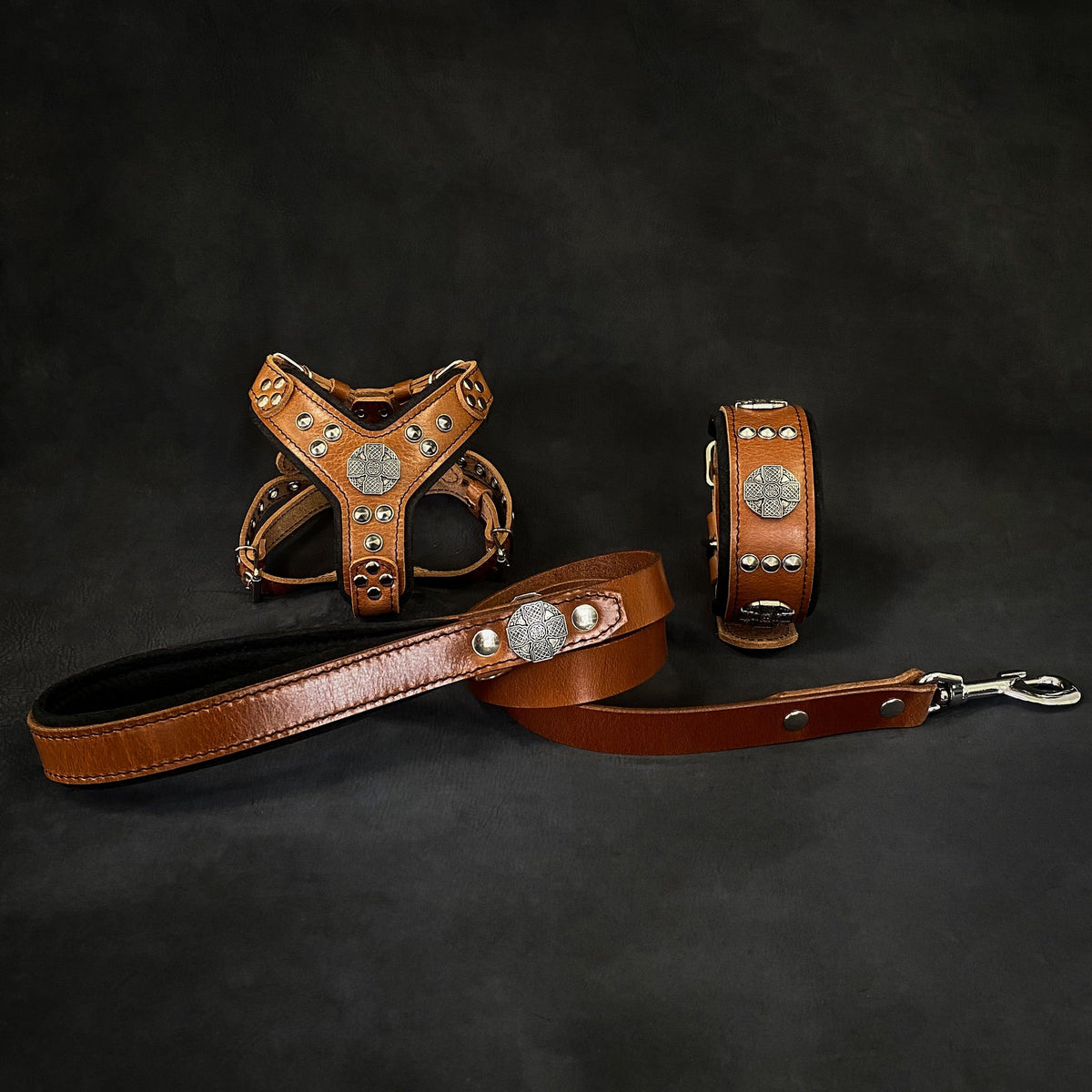 "Maximus Brown&Silver" Small dog SET - Harness - collar - lead — 10801882595667