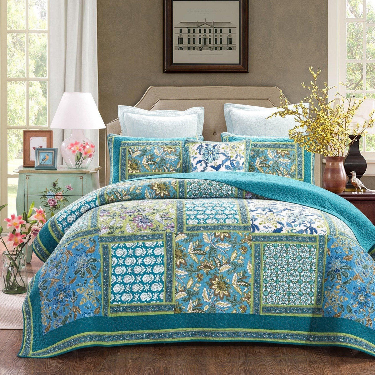 Greek Mediterranean Fountain Bohemian Cotton Patchwork Bedspread Quilt Set-0
