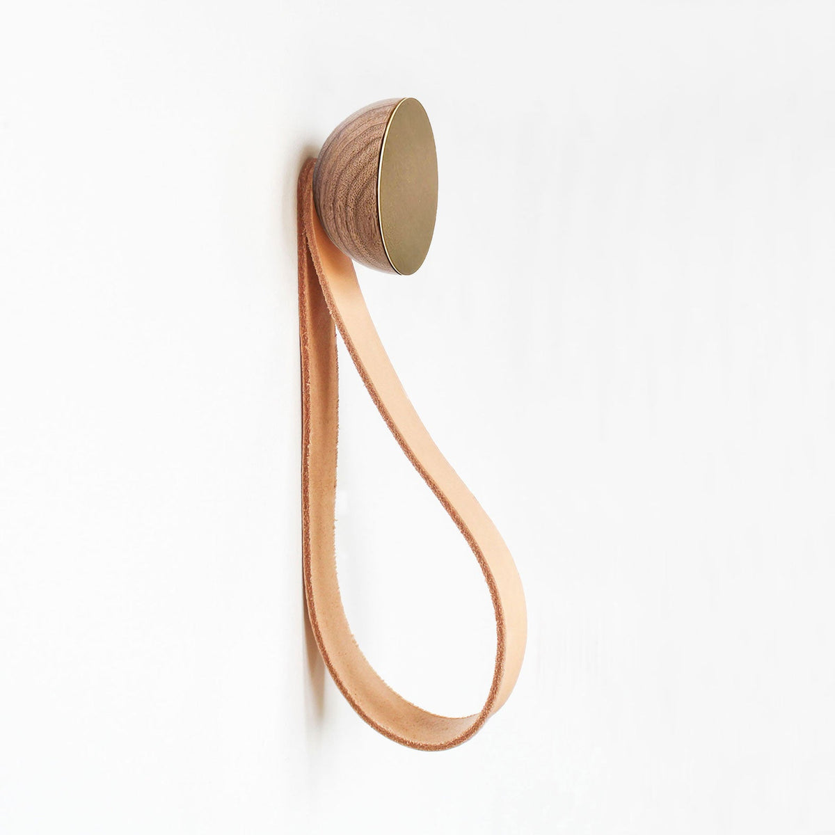 Round Walnut Wood & Brass Wall Mounted Hook / Hanger with Leather Strap-0