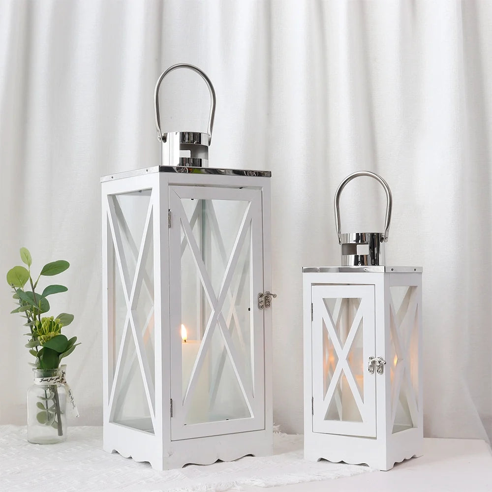 Set of 2 17.5''&24.5'' Farmhouse Wood Lantern (White Rectangle)-0
